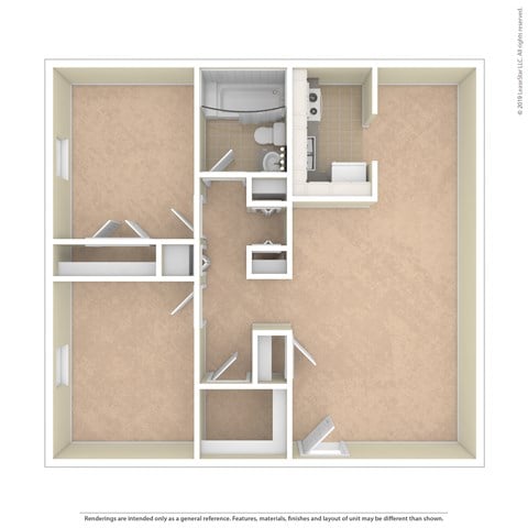 Floor plan for 2 beds, 1 bath, 723 sqft